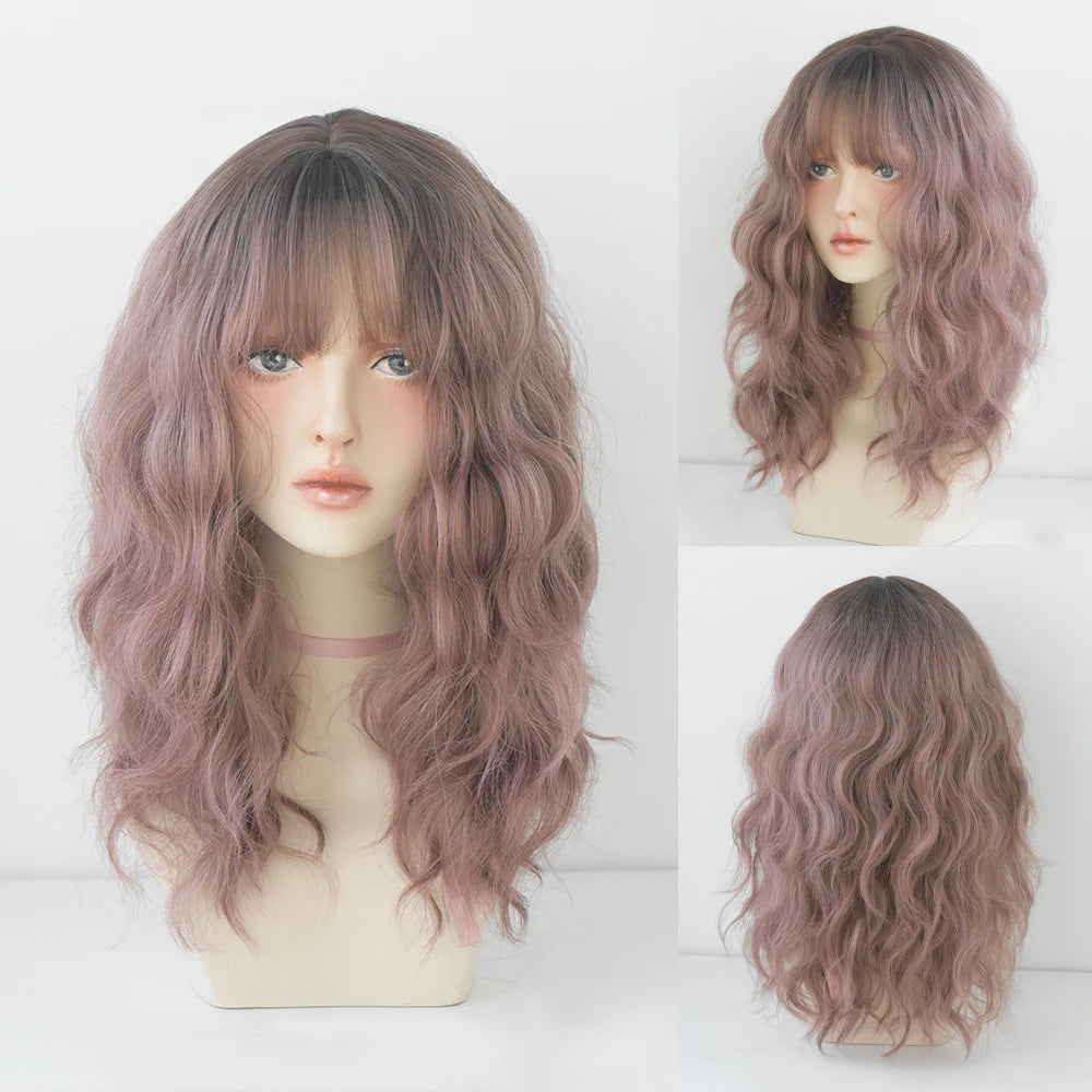 Long Curly Hair Women Wig with Bangs Daily Brown Black Pink ..
