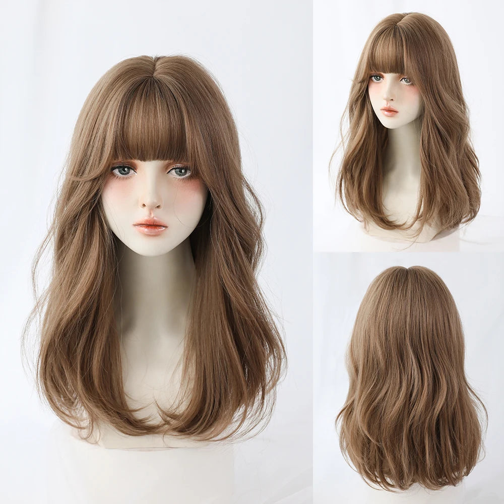 Long Curly Hair Women Wig with Bangs Daily Brown Black Pink ..