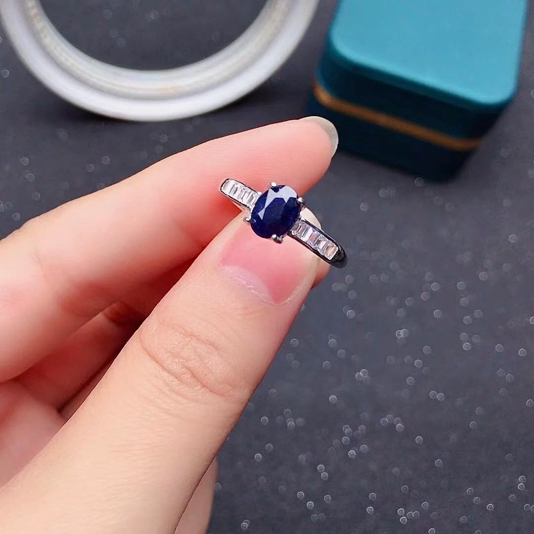 Simple Black Sapphire Silver Ring 0.7ct 6mm*7mm 100% Natural Black Sapphire Ring for Daily Wear Gift for Woman