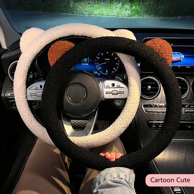 New Winter Warm Soft Plush Cartoon Bear Ear Car Interior Accessories 38cm Car Steering Wheel Cover Handble Cover