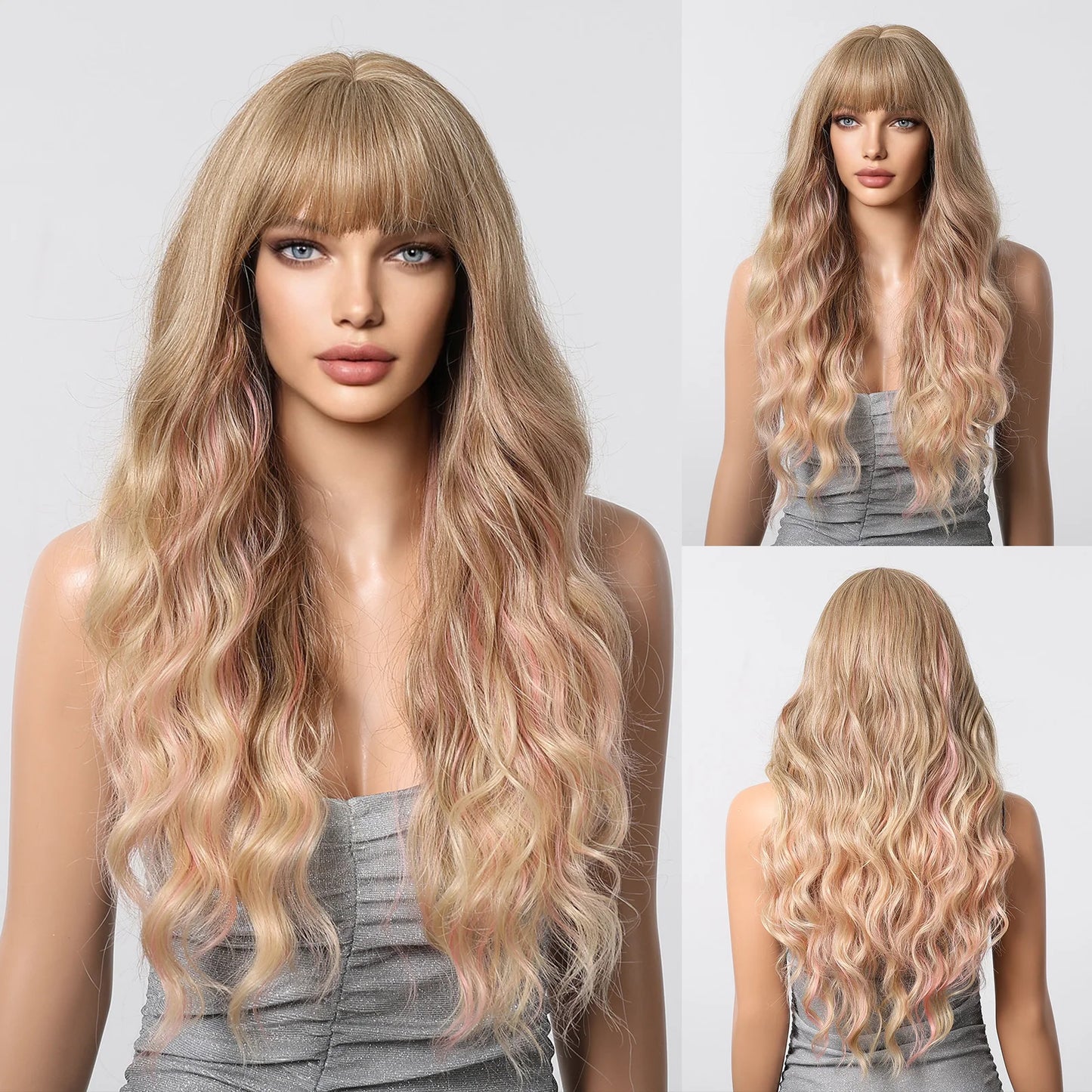 LOUIS FERRE Brown With Blonde Highlights Synthetic Wigs With Side Bangs