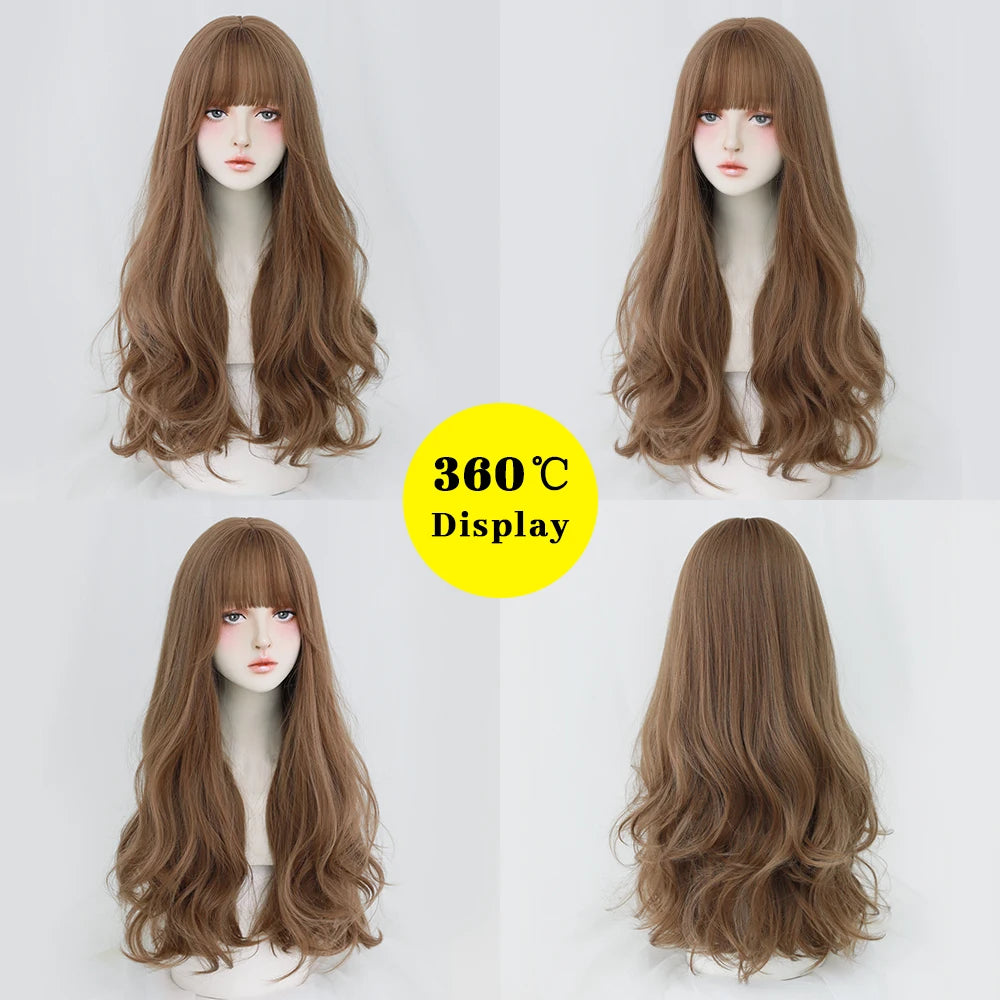 Long Curly Hair Women Wig with Bangs Daily Brown Black Pink ..