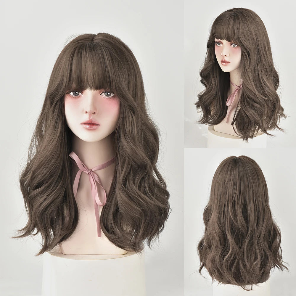 Long Curly Hair Women Wig with Bangs Daily Brown Black Pink ..