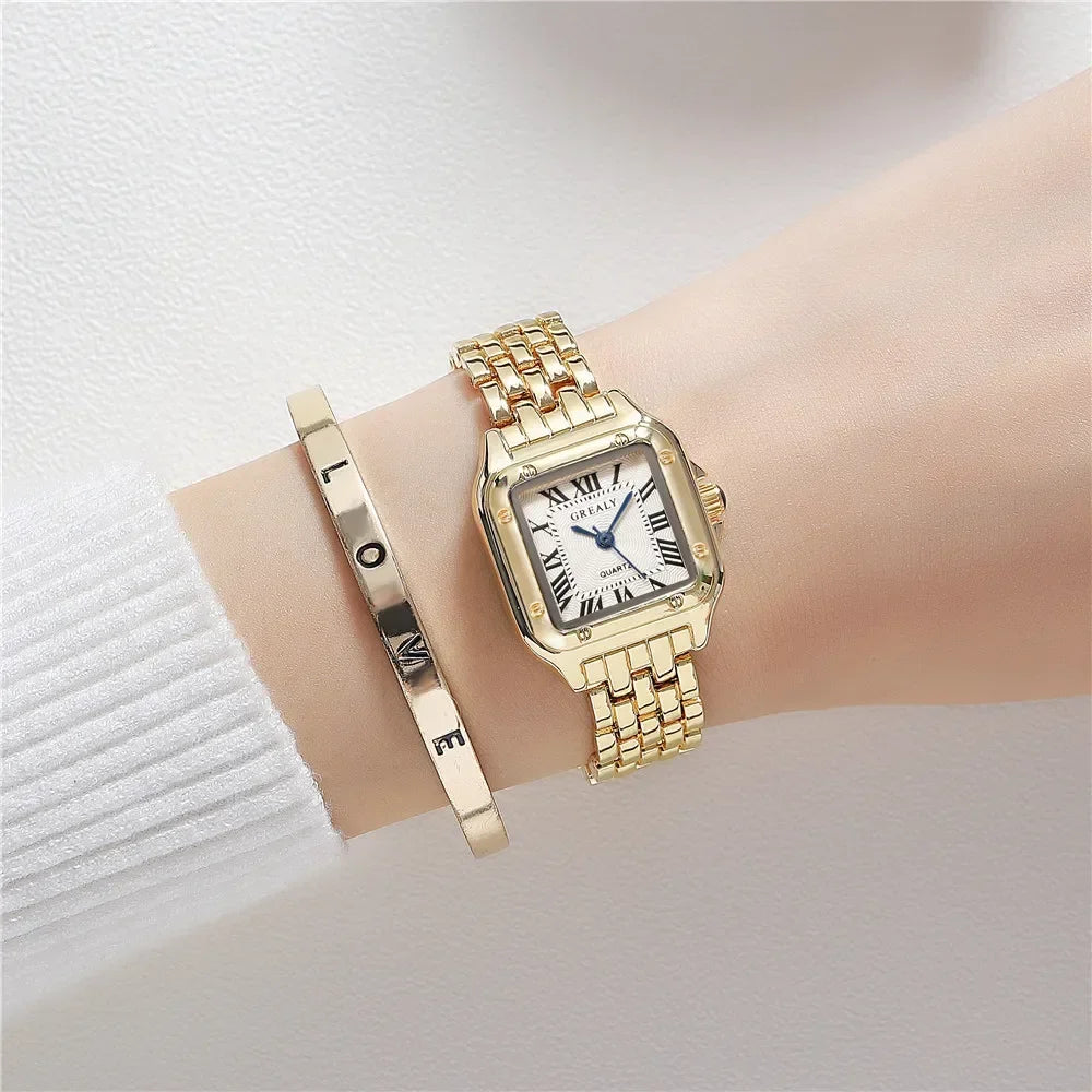 Women Square Watches Gold Alloy Strap
