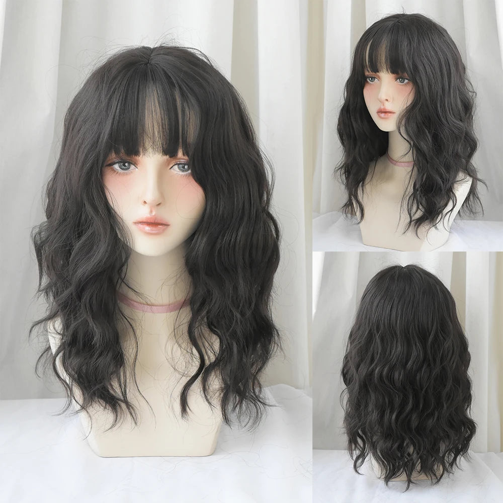 Long Curly Hair Women Wig with Bangs Daily Brown Black Pink ..