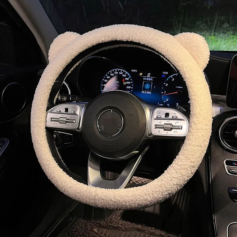 New Winter Warm Soft Plush Cartoon Bear Ear Car Interior Accessories 38cm Car Steering Wheel Cover Handble Cover