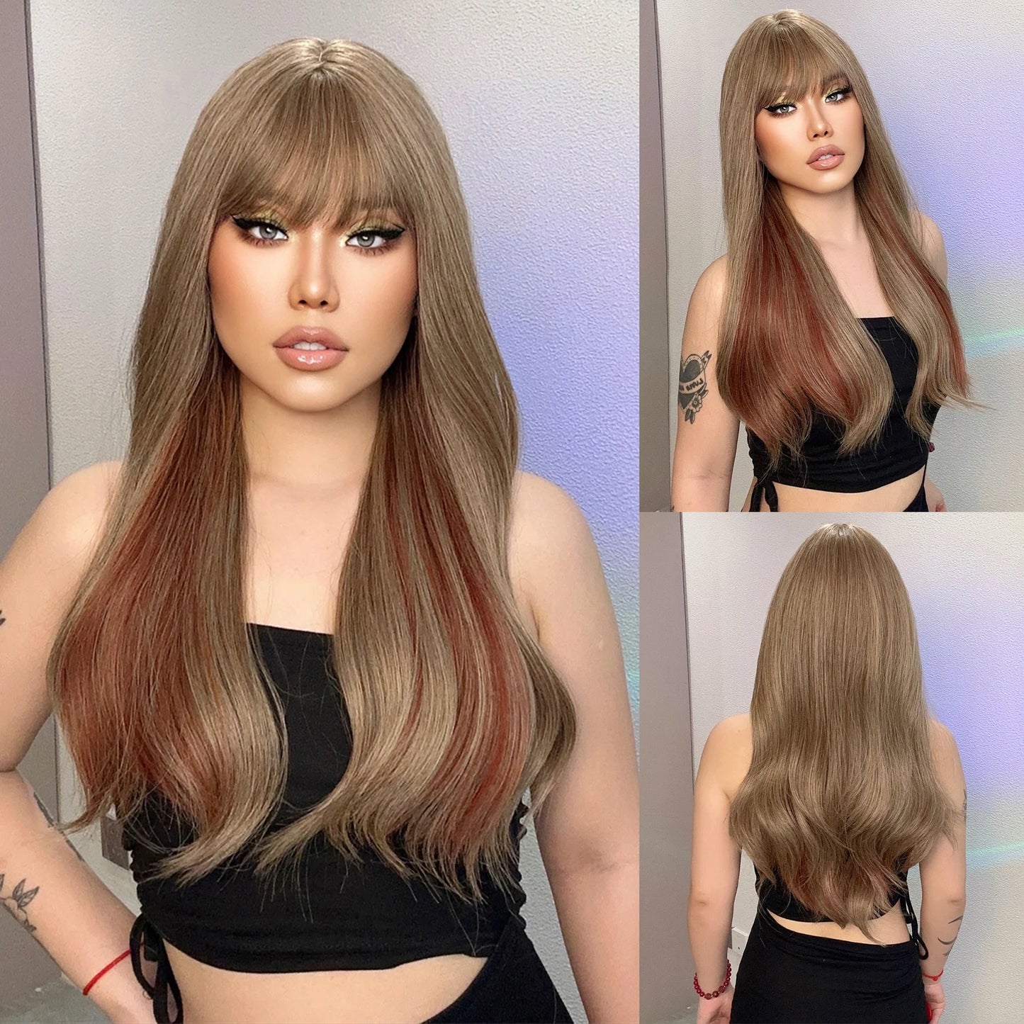 Long Wavy Curly Gray Brown Synthetic Wigs for Women