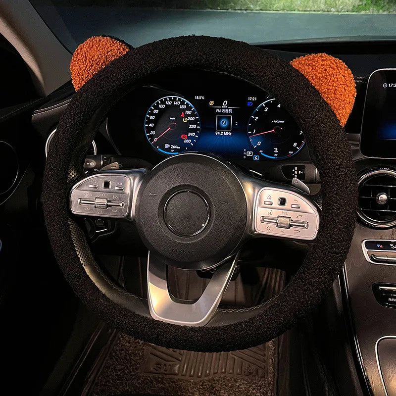 New Winter Warm Soft Plush Cartoon Bear Ear Car Interior Accessories 38cm Car Steering Wheel Cover Handble Cover