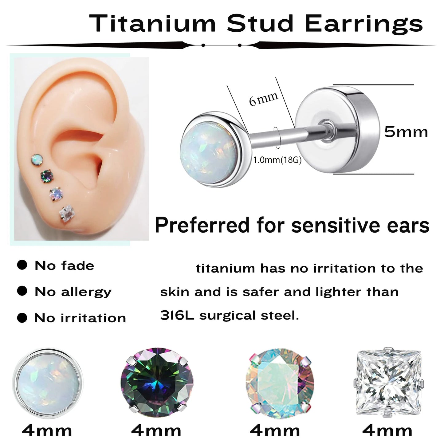 Fashion Stainless Steel Round Opal Cubic Zirconia Screw Flat Back Stud Earrings