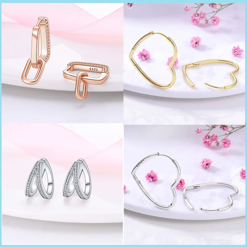 925 Sterling Silver Rose Gold Heart Geometric Pave CZ